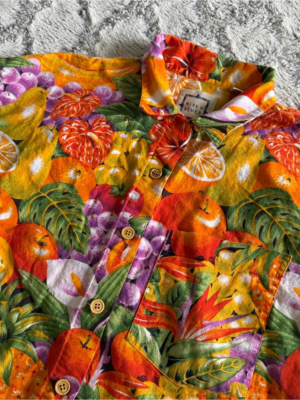 Vintage Mixed Blues Tropical Hawaiian Fruit‎ AOP Button Down Shirt Men’s Large